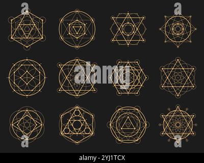 Sacred esoteric geometry. Vector Metatron cube, flower of life, sri yantra, merkaba and tree of life. Hexagram, vesica pisci, seed of life or pentagram. Heptagram, octagram spiritual symmetrical signs Stock Vector