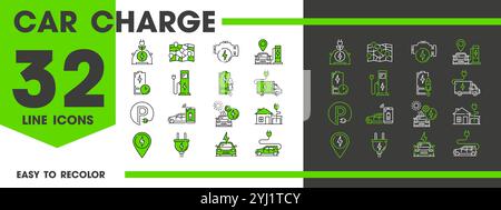 Car charge line icons or green energy and electric vehicles, vector symbols. Electrocar charging station line icons of plug and socket with green leaf, EV or BEV automobiles on electric power engine Stock Vector