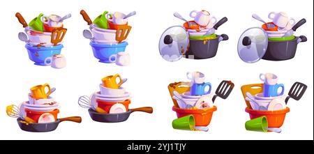 Dirty and clean restaurant dishes. Cartoon vector stacks of dirty dishes, pots, pans, bowls, cups and utensils piled high, highlights the chaos and clutter of unwashed kitchenware and household items Stock Vector