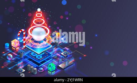 Christmas and New Year card in electronic technology style. Isometric christmas tree with decorations, over chip or cpu on pcb circuit board. Congratu Stock Vector