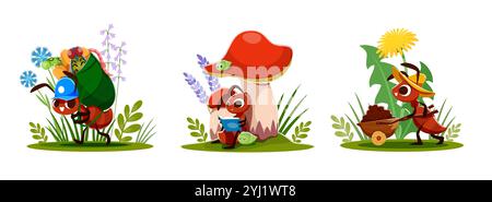 Cartoon ants characters, cute colony insects carrying food and resting. Funny brown ants vector personages sitting under mushroom, reading book and carrying garden soil to anthill with wheelbarrow Stock Vector