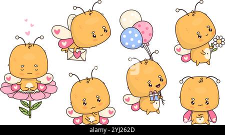 Funny butterfly characters set. Meditating on flower, flying with letter, festive with gift, balloons and sad unhappy insect. Isolated cute cartoon ka Stock Vector