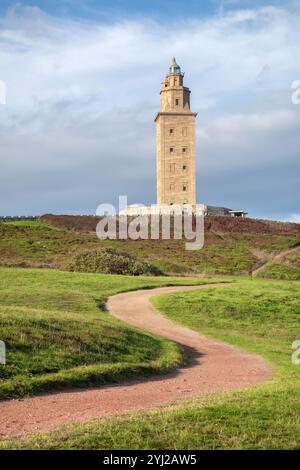 Landscape with Tower of Hercules - ancient roman lighthouse still in use, A Coruna, Galicia, Spain Stock Photo