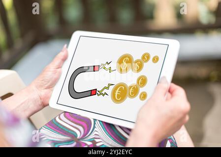 Money attraction concept shown on a tablet held by a woman Stock Photo