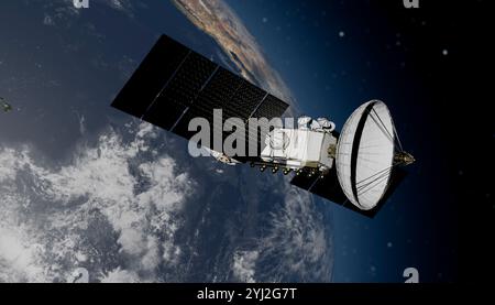 Illustration of a satellite orbiting Earth with a detailed view of its solar panels and communication dish against the backdrop of space. Stock Photo