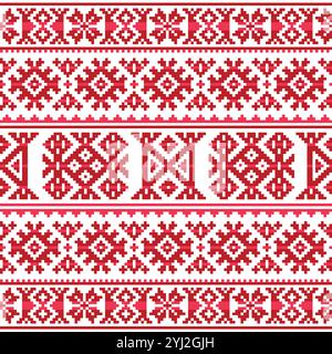 Winter or Christmas style Sami folk art vector red and white seamless pattern. Non-AI generated Stock Vector