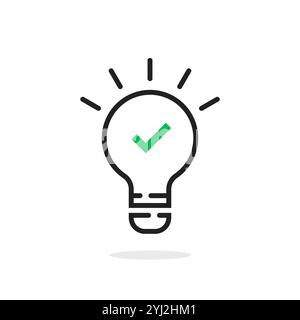 green tick in black thin line light bulb Stock Vector