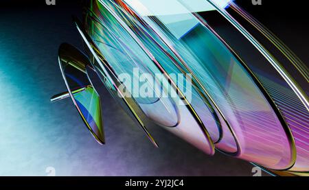 A colorful abstract composition featuring light reflections on curved, translucent surfaces against a dark background. Stock Photo