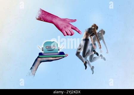 Composite trend artwork 3D sketch image collage of ai application artificial assistant bot data robot head hand hold smartphone lady jump Stock Photo