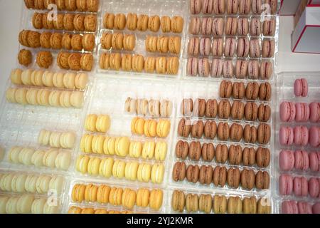 Assorted macarons arranged in neat rows within transparent boxes in a shopping window display Stock Photo