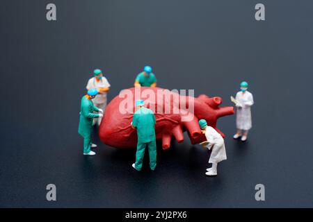 Group of miniature surgeons examining and working on a vibrant heart model, emphasizing medical education and teamwork. Stock Photo