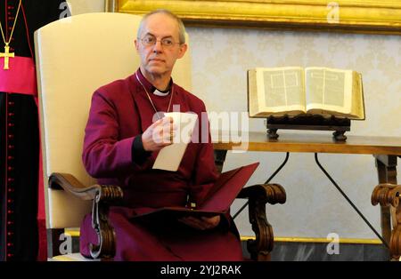 File photo dated June 14, 2013 shows Pope Francis meets with Archbishop of Canterbury Justin Welby, the new head of the world's Anglicans at the Vatican. The Archbishop of Canterbury has announced he will step down from his role following a damning report into a prolific child abuser associated with the Church of England. The review found that Justin Welby, 68, 'could and should' have reported John Smyth's abuse of boys and young men to police in 2013. Photo by ABACAPRESS.COM Credit: Abaca Press/Alamy Live News Stock Photo