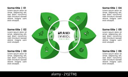 Infographic template with icons and 6 options or steps. Green leaves. Can be used for workflow layout, diagram, banner, webdesign. Vector illustration Stock Vector