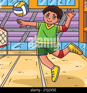 Volleyball Player doing Jump Serve Colored Cartoon Stock Vector