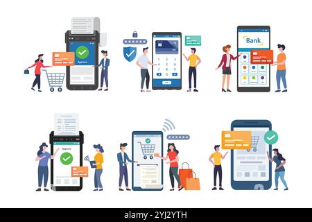 An illustration showcasing various mobile payment methods and transactions, including contactless payments, online shopping checkouts, and secure bank Stock Vector