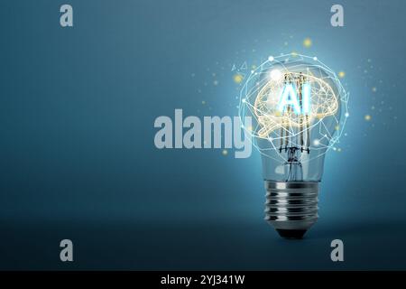 Ai abbreviation and illustration of brain in light bulb against blue gradient background. Space for text Stock Photo