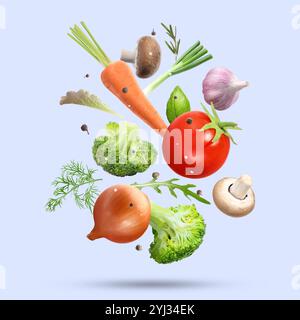 Fresh vegetables, herbs and spices in air on light blue background Stock Photo