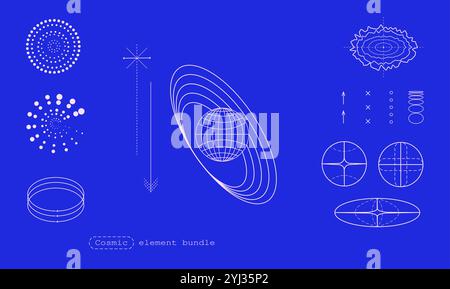 Set of vector elements in cosmic science and atomic structures. Planetary orbits, atomic particles, wave forms, and geometric diagrams, set against Stock Vector