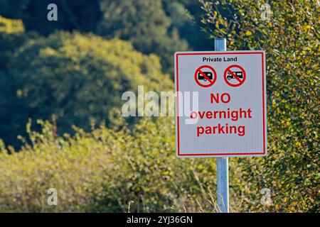 Sign advising privat land  No overnight parking Stock Photo