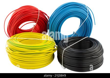Coils of Colored Electrical Wires on White Background Stock Photo