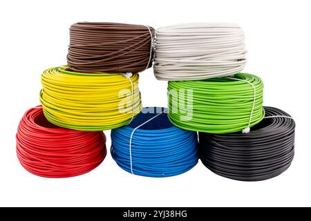 Stacked Coils of Multicolored Electrical Wires on White Background Stock Photo