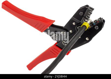 Wire Crimping Tool with Red Handles in Action Stock Photo