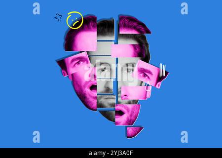 Creative surreal photo collage of depression young stress guy cut face absurd neon color visual effect puzzles isolated on blue background Stock Photo
