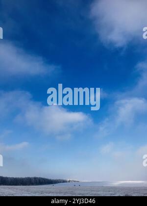 A serene winter landscape showcasing snow-covered fields beneath a vivid blue sky. The horizon is marked by a line of trees, creating a peaceful and t Stock Photo