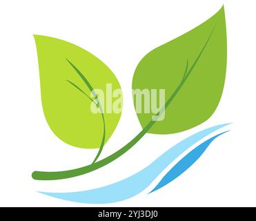 two green leaves with a water stream flowing underneath on a white background. The design uses clean lines and simple shapes, symbolizing nature Stock Vector