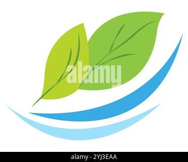 two green leaves with blue curved lines below, symbolizing water. The design is simple and minimalistic with smooth edges on a white background Stock Vector