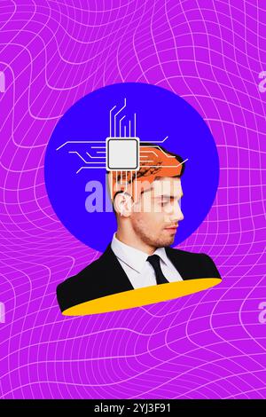 Composite image montage trend artwork 3D collage of young man head contain data microchip it cyberspace technology artificial gadget Stock Photo