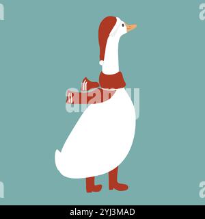 Cute funny cartoon goose in red scarf, Santa Claus hat and boots. Merry Christmas character. Vector isolated illustration Stock Vector