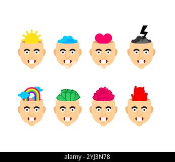Filling head set. Sun in head, love in head. Lightning and rainbow. Money inside a person. Concept of inner world of a person determines his thoughts. Stock Vector