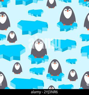 Penguin on an ice floe pattern seamless. Ornament for children's fabric. Penguins background Stock Vector