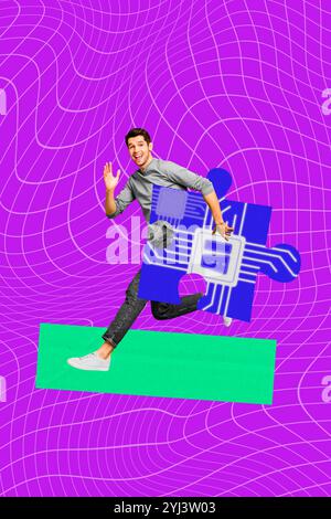 Composite image montage trend artwork 3D collage of young guy student run arm hold piece puzzle electronic steal data microchip technology Stock Photo