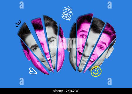 Portrait collage illustration of abstract two men faces cut heads puzzles drunk alcoholic neon visual effect isolated on blue background Stock Photo