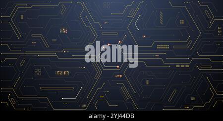 Abstract technology background. Gold circuit lines and connected dots. Stock Vector