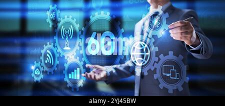 6G New generation high speed wireless mobile internet connection concept. Stock Photo
