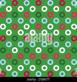 Seamless geometric vector pattern with circular polka dots in festive colors. Red, white, and yellow rings on a green background, modern retro design Stock Vector