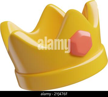 3d gold crown icon with a red gem. Cute three dimensional vector illustration isolated on white background. Stock Vector