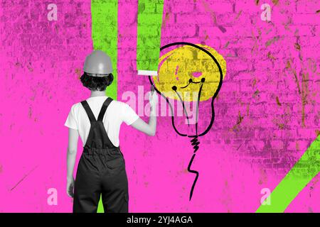Composite trend artwork sketch image photo collage of young lady worker uniform draw paint wall color helmet back idea lamp creative Stock Photo