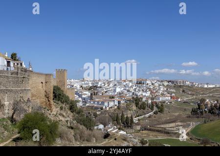 View of Ronda, on the left a part of the old city wall, Ronda, Andalusia, Spain, Europe Stock Photo