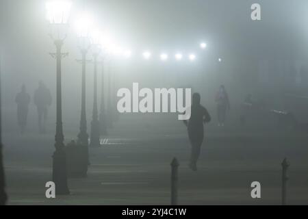 Dresden's Old Town shrouded in November fog. Bruehl's Terrace, foggy atmosphere in Dresden, Dresden, Saxony, Germany, Europe Stock Photo