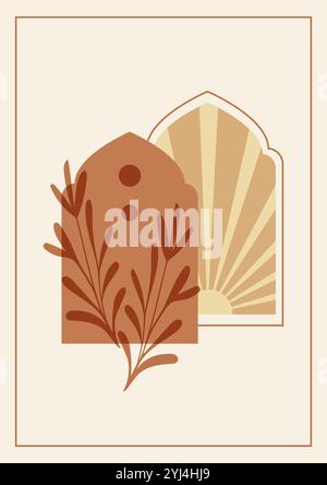 Beige colors arabian sunset poster. Minimalist aesthetic geometric illustration. Modern wallpaper art boho style artistic design. Contemporary artisti Stock Vector