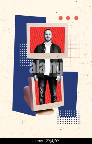 Composite trend artwork 3D sketch image collage of young man appear stand two obsolete computer monitor workspace office manager hologram Stock Photo