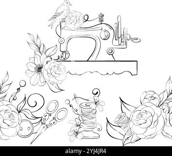 Vintage sewing machine with victorian bird, romantic flowers for tailoring. Sewing tools - scissors, buttons, needles. Clothes design seamless Stock Vector