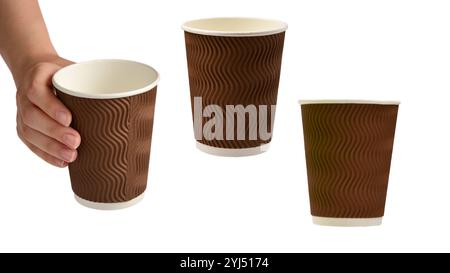 Woman and holding paper cup for vaious drinks isolated on white. Stock Photo
