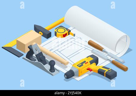 Isometric Carpentry tools or Woodworking tools. Miter box, Mallet, Tape measure, Chisel, Screwdriver and woodworkers plane carpentry chisel Stock Vector