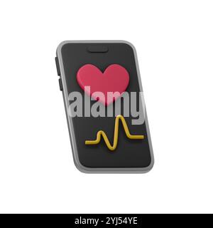 3D vector illustration of a smartphone screen displaying heart icon and an ECG line, representing health monitoring and fitness tracking. Ideal for Stock Vector