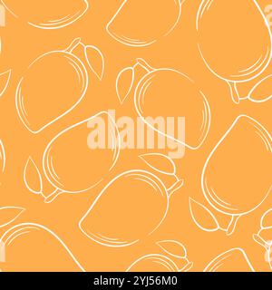 Seamless mango pattern in line art style on orange background. Ideal for tropical themed design, food packaging, textile, wallpaper and summer Stock Vector